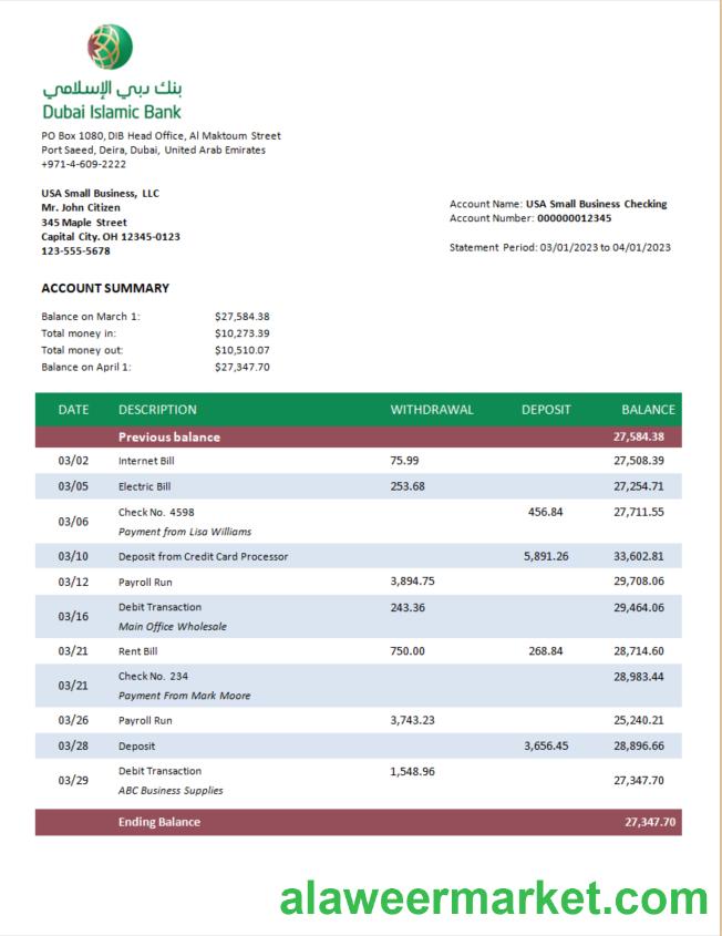Dubai Islamic Bank enterprise statement Word and PDF template